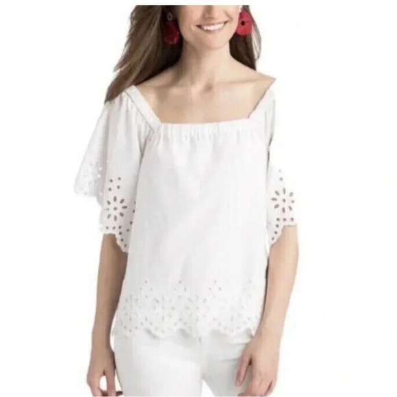 Vineyard Vines Tops - Vineyard Vines Eyelet Top Size XS White Lined Peasant Boho Summer Vacation